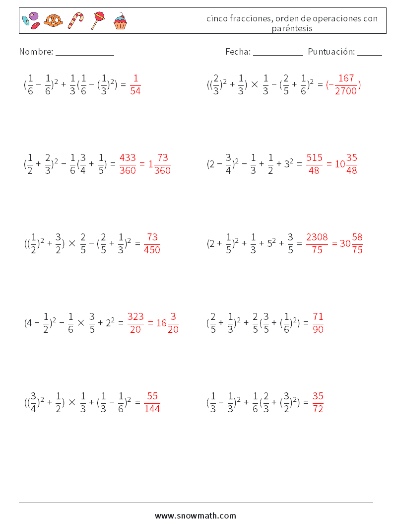 (10) cinco fracciones, orden de operaciones con paréntesis Hojas de trabajo de matemáticas 8 Pregunta, respuesta
