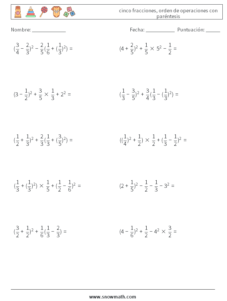 (10) cinco fracciones, orden de operaciones con paréntesis Hojas de trabajo de matemáticas 9