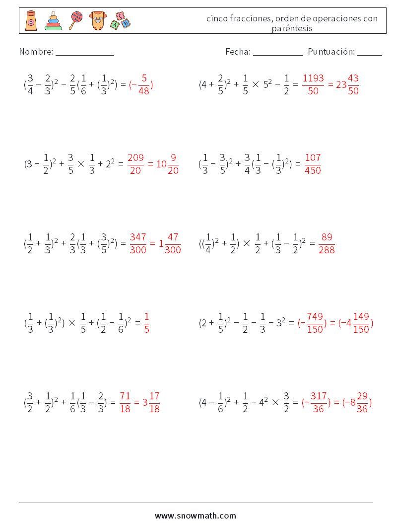 (10) cinco fracciones, orden de operaciones con paréntesis Hojas de trabajo de matemáticas 9 Pregunta, respuesta