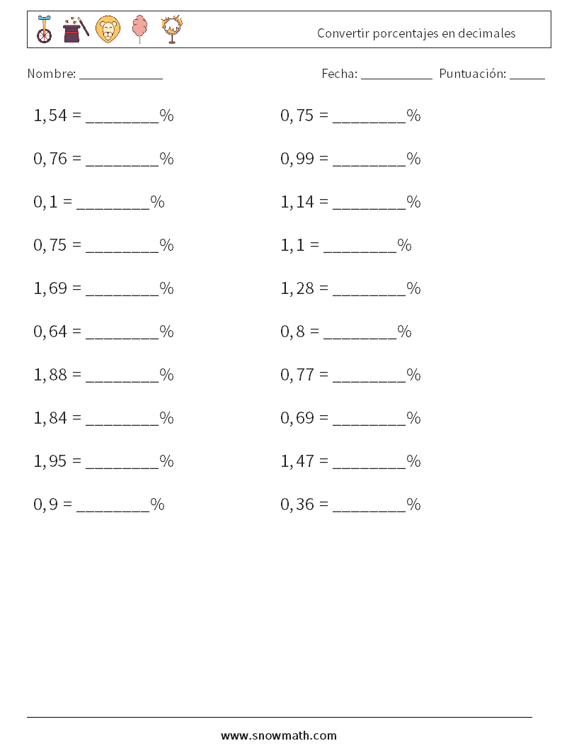 Convertir porcentajes en decimales Hojas de trabajo de matemáticas 1