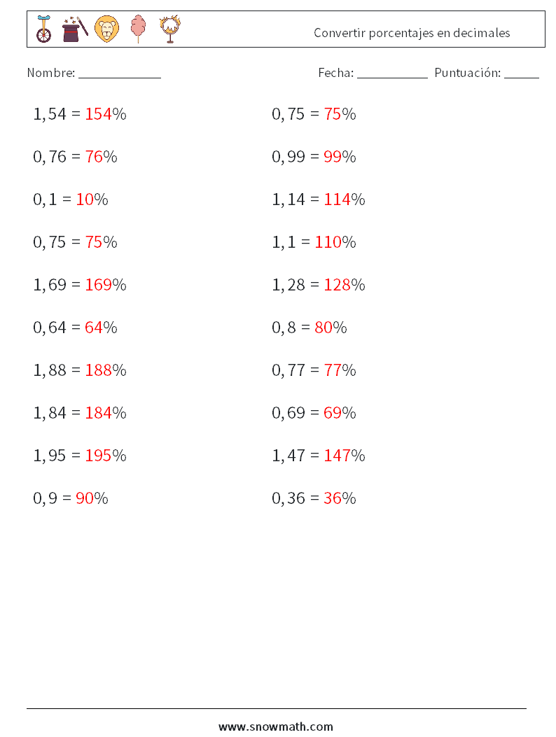 Convertir porcentajes en decimales Hojas de trabajo de matemáticas 1 Pregunta, respuesta