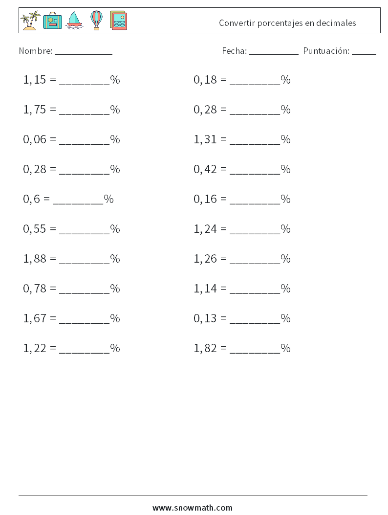 Convertir porcentajes en decimales Hojas de trabajo de matemáticas 2