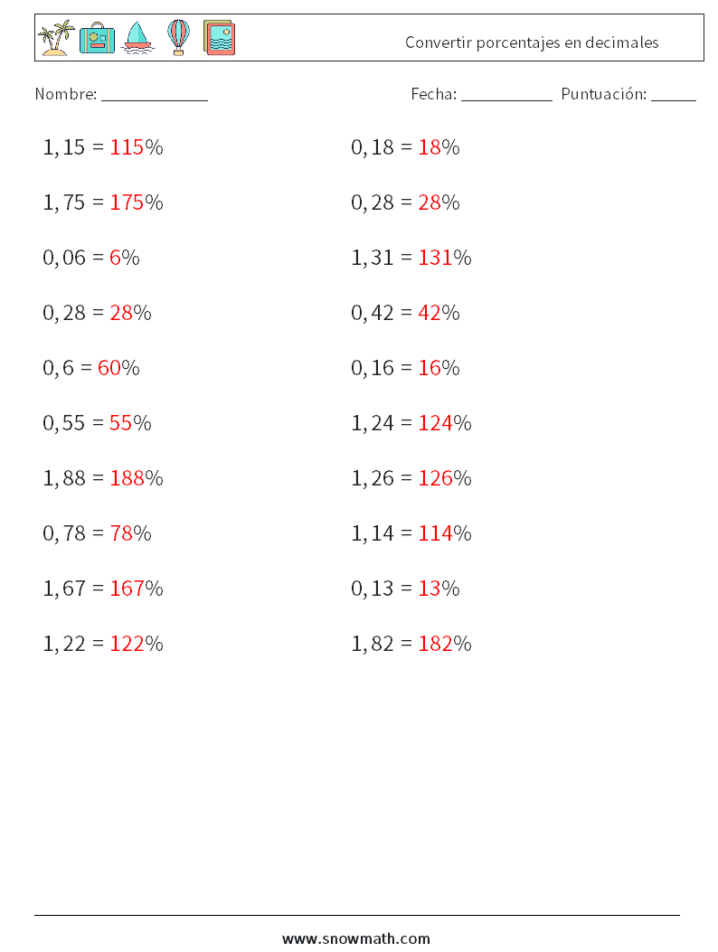 Convertir porcentajes en decimales Hojas de trabajo de matemáticas 2 Pregunta, respuesta