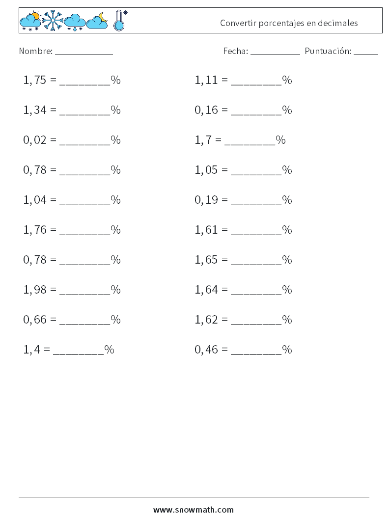 Convertir porcentajes en decimales Hojas de trabajo de matemáticas 3