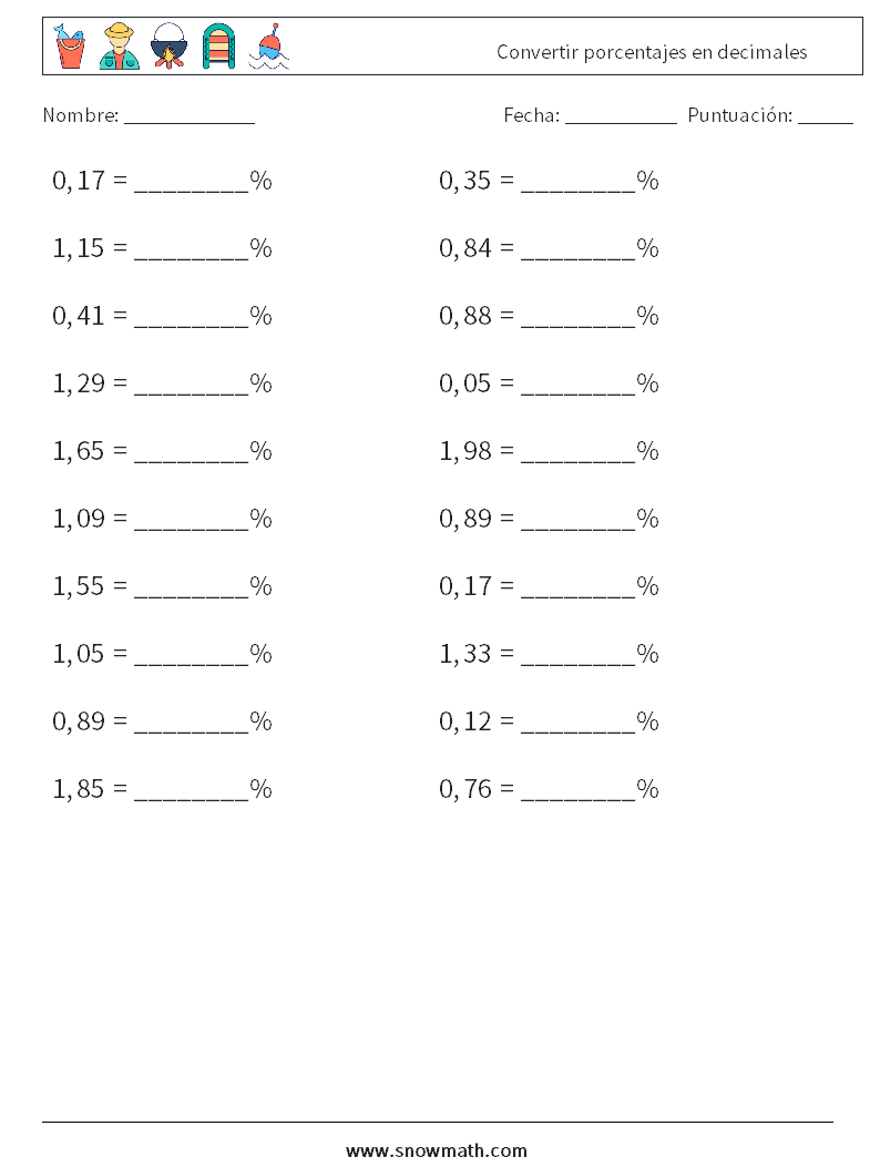 Convertir porcentajes en decimales Hojas de trabajo de matemáticas 4