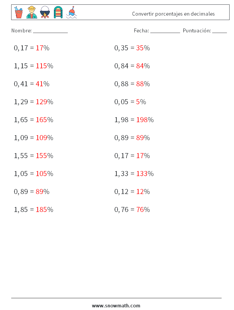 Convertir porcentajes en decimales Hojas de trabajo de matemáticas 4 Pregunta, respuesta