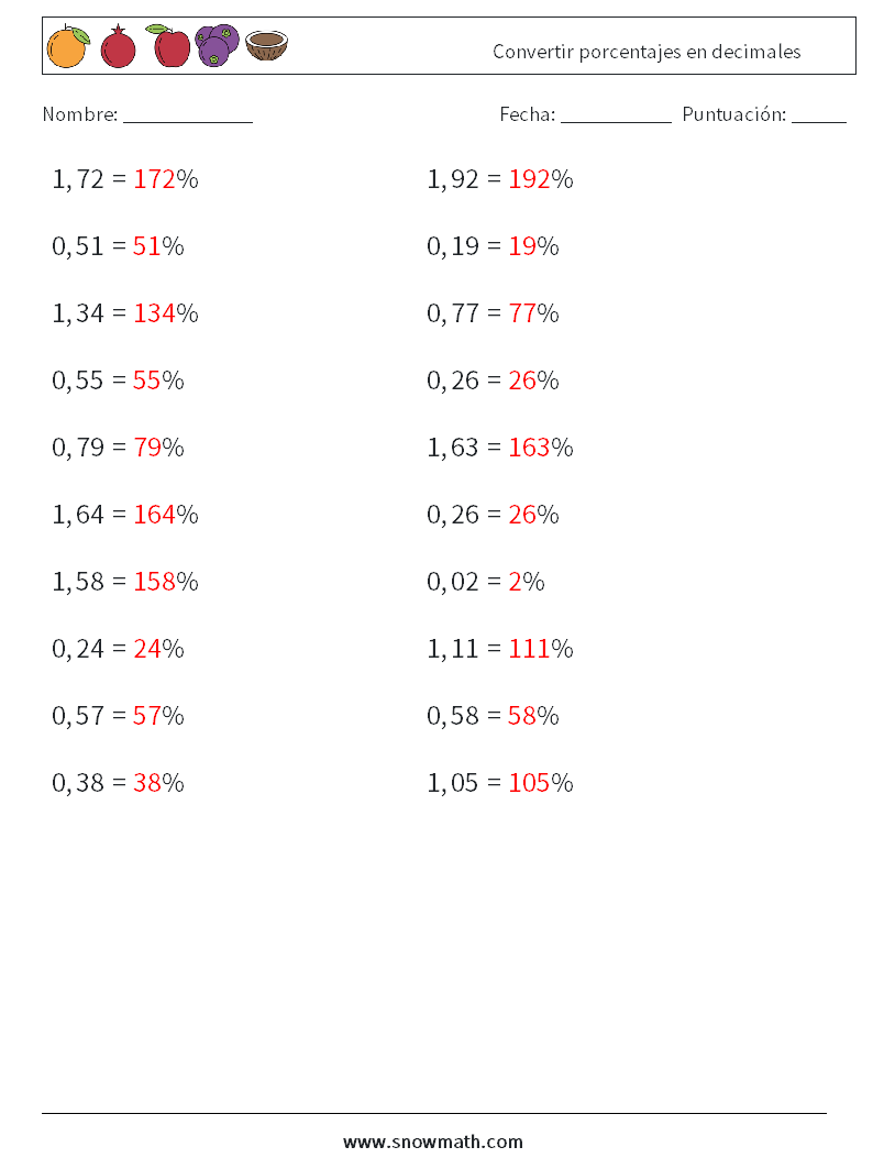 Convertir porcentajes en decimales Hojas de trabajo de matemáticas 5 Pregunta, respuesta