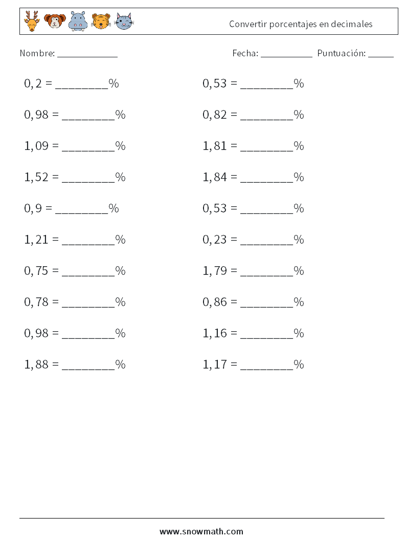 Convertir porcentajes en decimales Hojas de trabajo de matemáticas 6