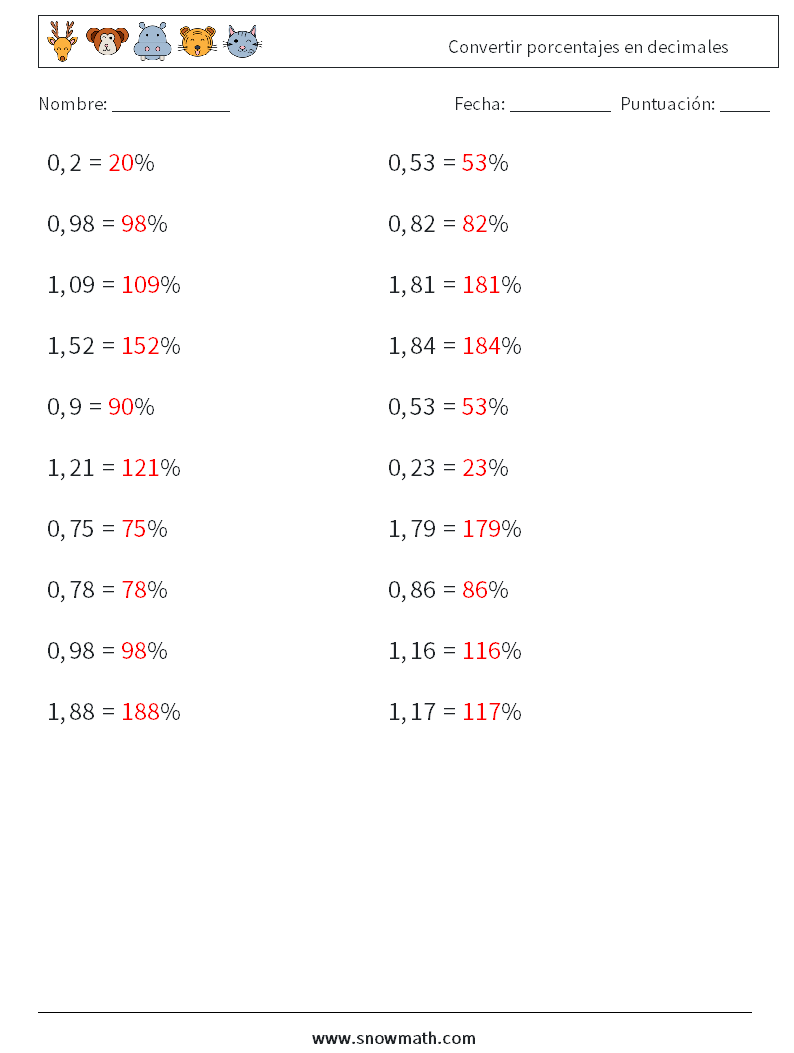 Convertir porcentajes en decimales Hojas de trabajo de matemáticas 6 Pregunta, respuesta