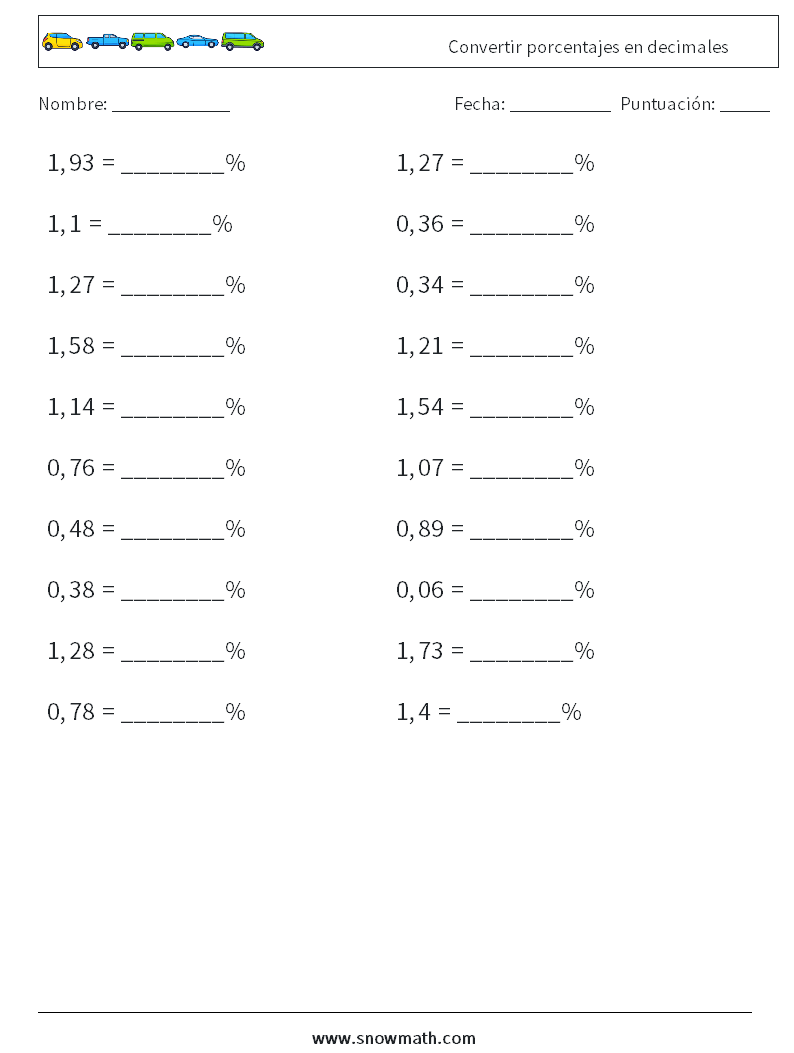 Convertir porcentajes en decimales Hojas de trabajo de matemáticas 7