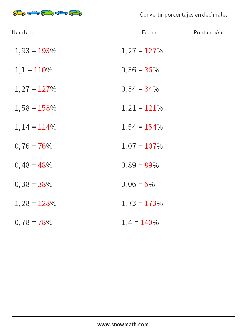 Convertir porcentajes en decimales Hojas de trabajo de matemáticas 7 Pregunta, respuesta