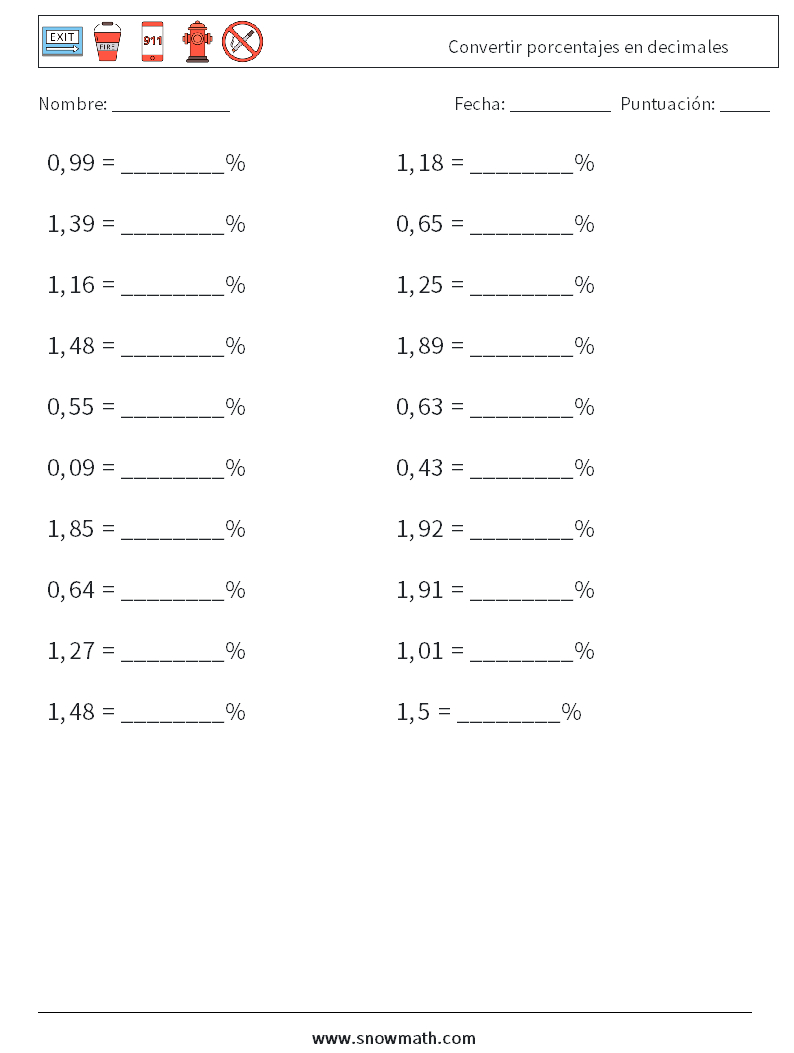 Convertir porcentajes en decimales Hojas de trabajo de matemáticas 8