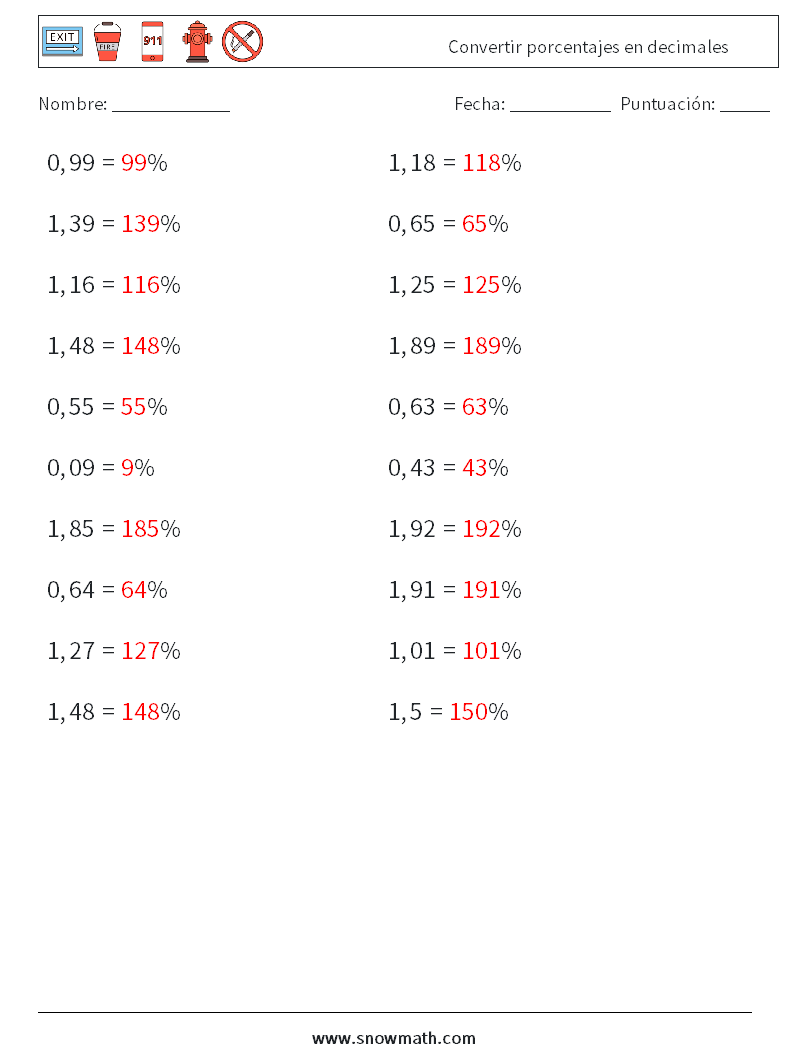 Convertir porcentajes en decimales Hojas de trabajo de matemáticas 8 Pregunta, respuesta