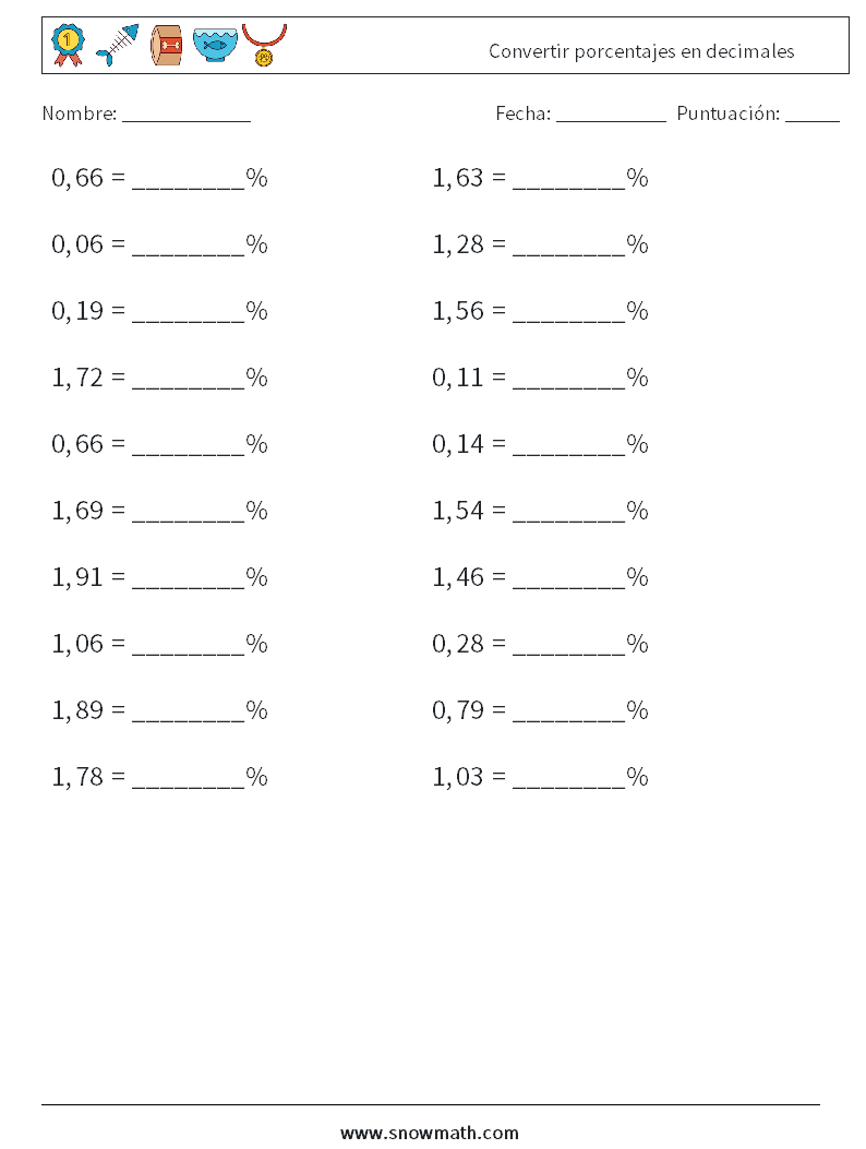 Convertir porcentajes en decimales Hojas de trabajo de matemáticas 9