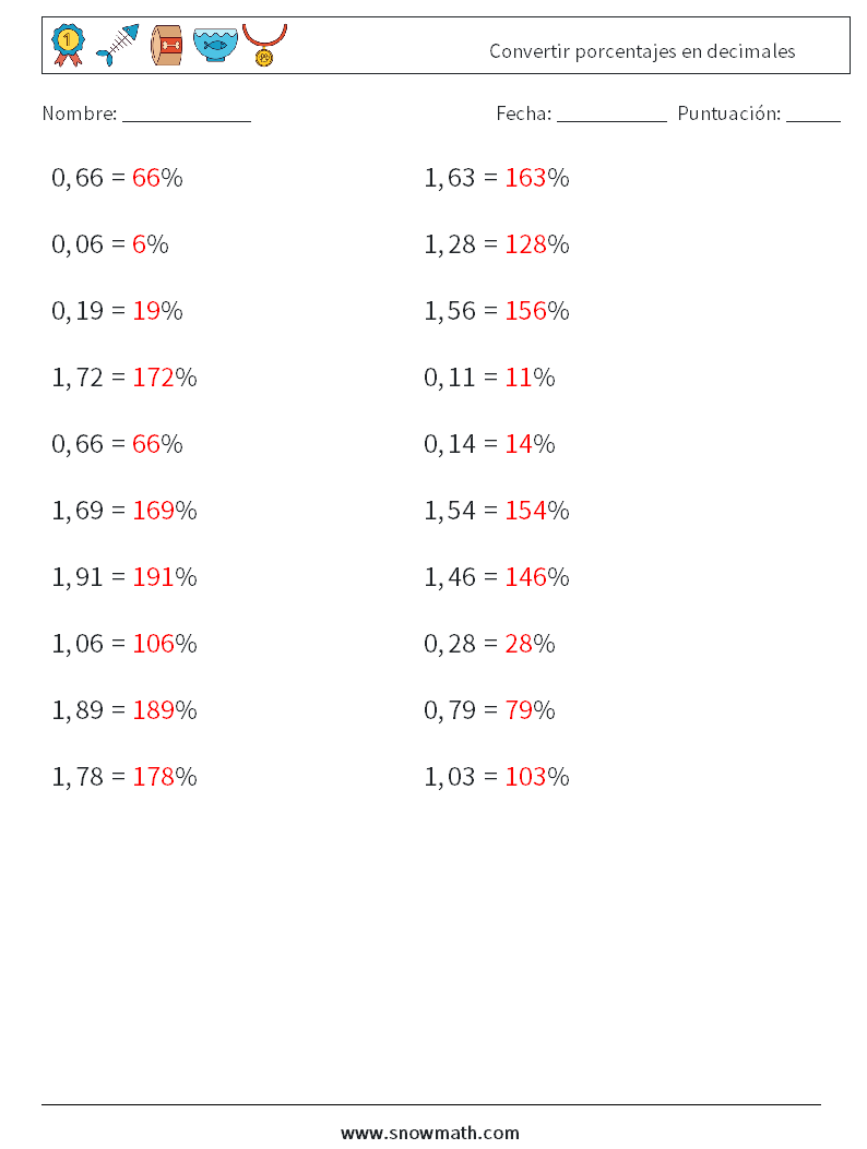 Convertir porcentajes en decimales Hojas de trabajo de matemáticas 9 Pregunta, respuesta