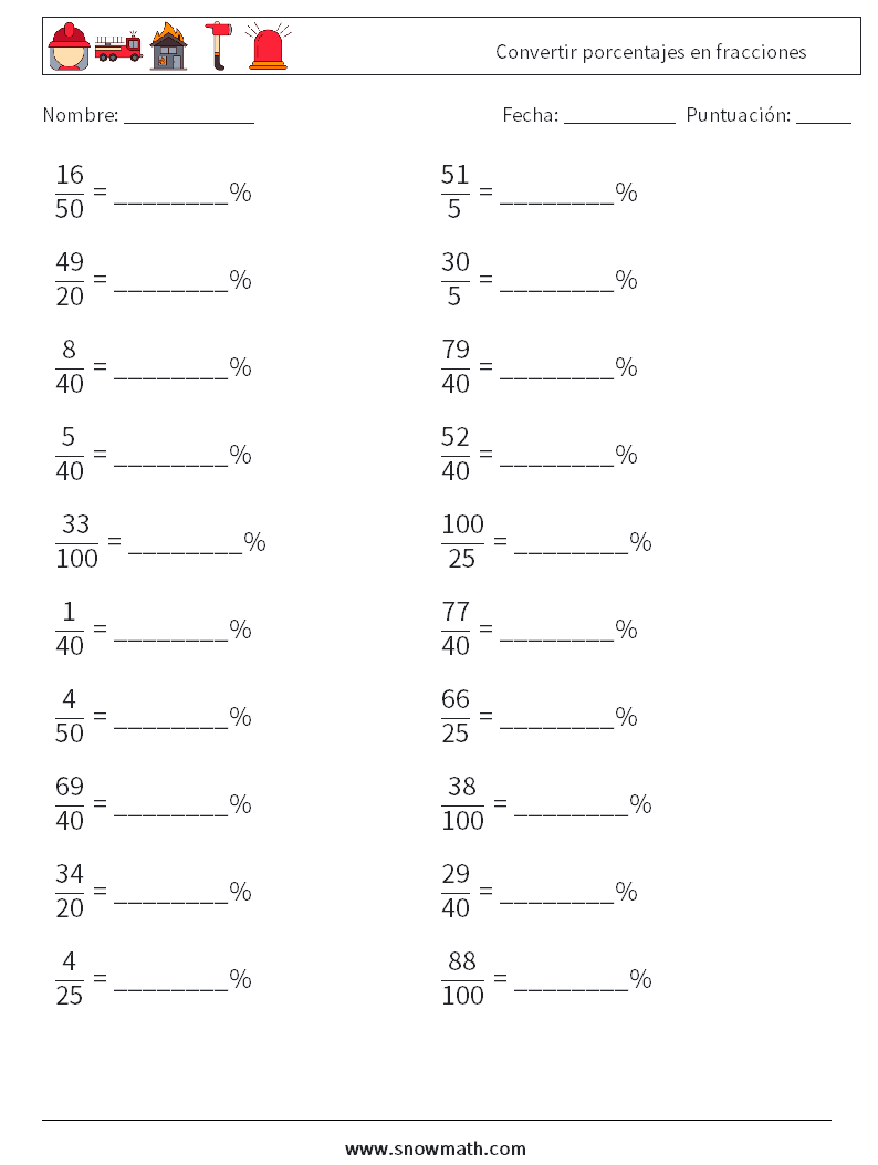 Convertir porcentajes en fracciones Hojas de trabajo de matemáticas 1