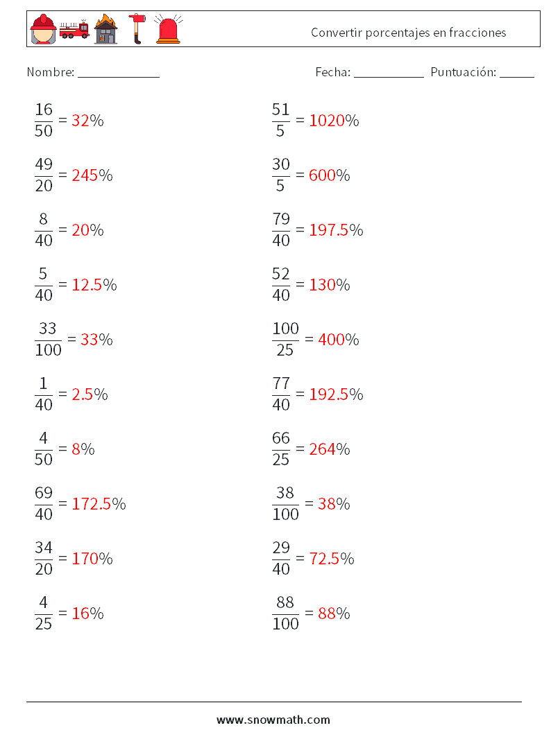 Convertir porcentajes en fracciones Hojas de trabajo de matemáticas 1 Pregunta, respuesta