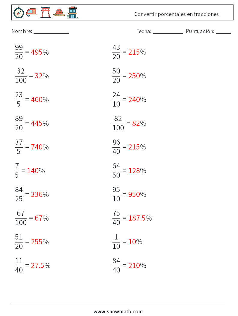 Convertir porcentajes en fracciones Hojas de trabajo de matemáticas 2 Pregunta, respuesta