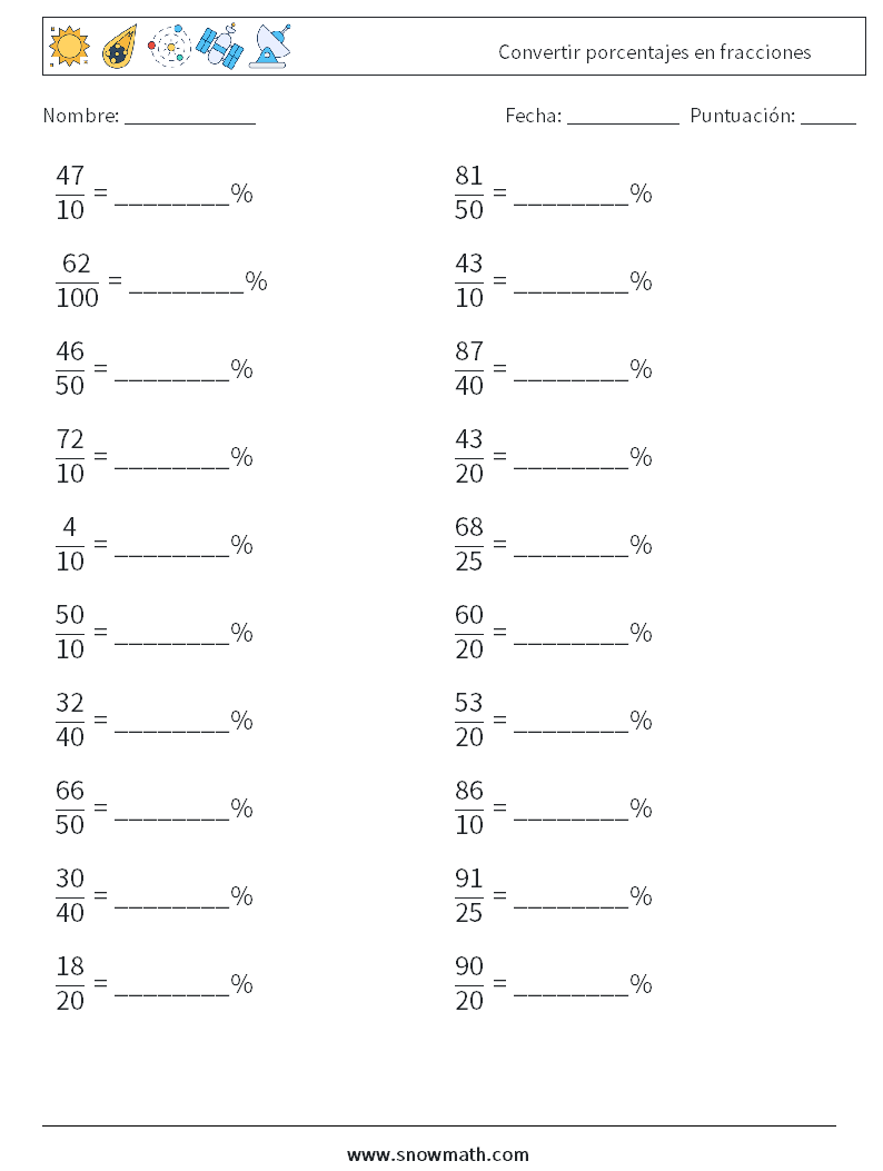 Convertir porcentajes en fracciones Hojas de trabajo de matemáticas 3