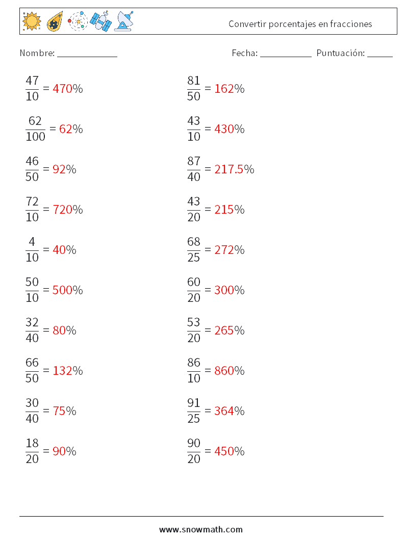 Convertir porcentajes en fracciones Hojas de trabajo de matemáticas 3 Pregunta, respuesta