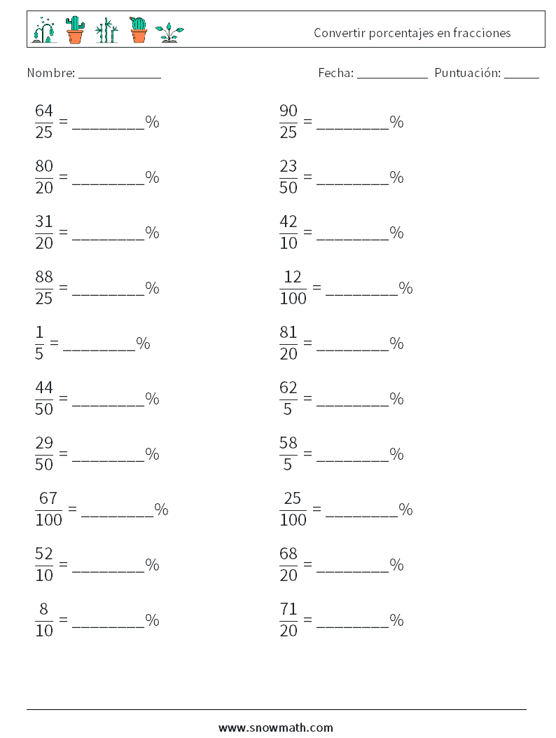 Convertir porcentajes en fracciones Hojas de trabajo de matemáticas 4