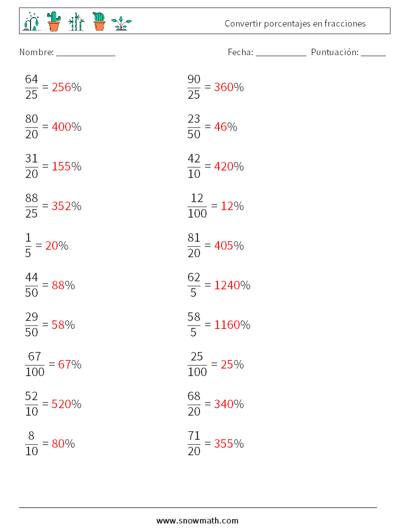 Convertir porcentajes en fracciones Hojas de trabajo de matemáticas 4 Pregunta, respuesta