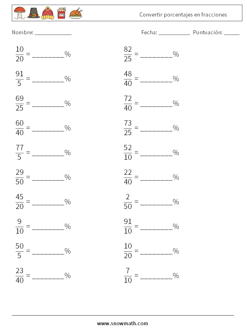 Convertir porcentajes en fracciones Hojas de trabajo de matemáticas 5