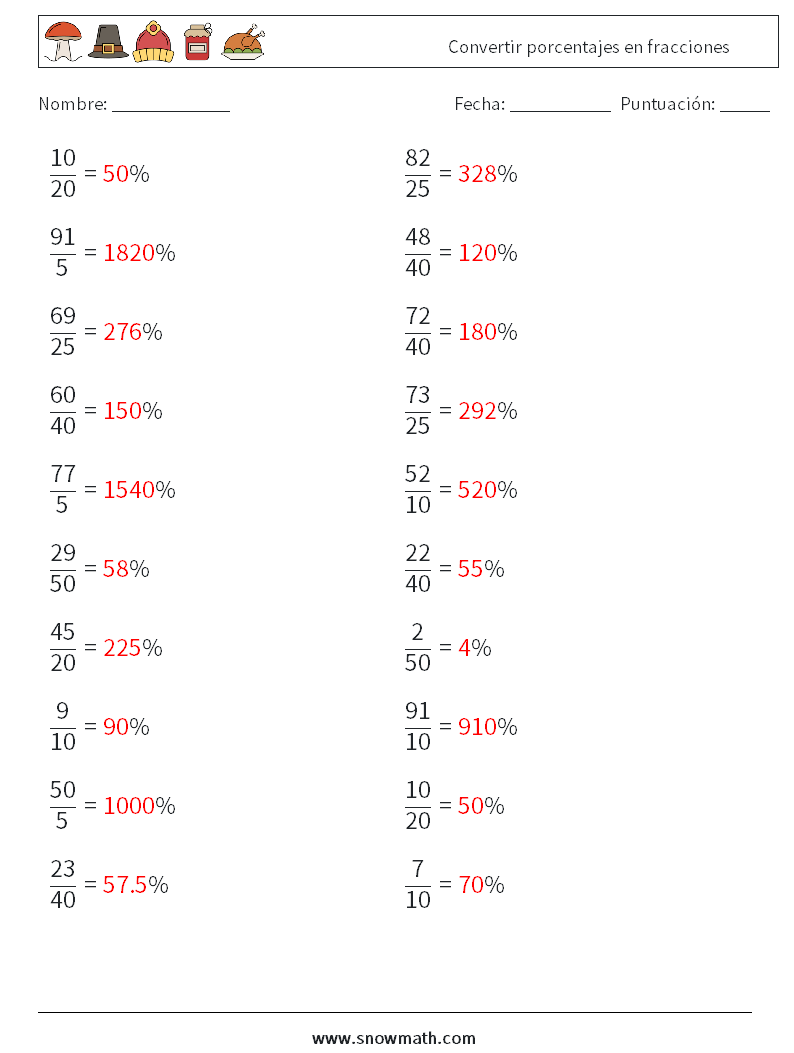 Convertir porcentajes en fracciones Hojas de trabajo de matemáticas 5 Pregunta, respuesta