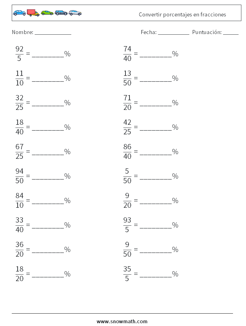 Convertir porcentajes en fracciones Hojas de trabajo de matemáticas 6