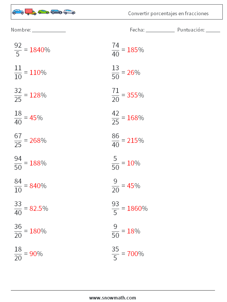 Convertir porcentajes en fracciones Hojas de trabajo de matemáticas 6 Pregunta, respuesta