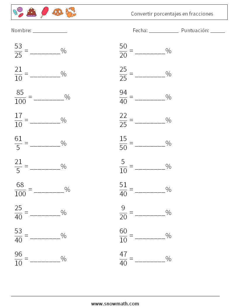 Convertir porcentajes en fracciones Hojas de trabajo de matemáticas 7