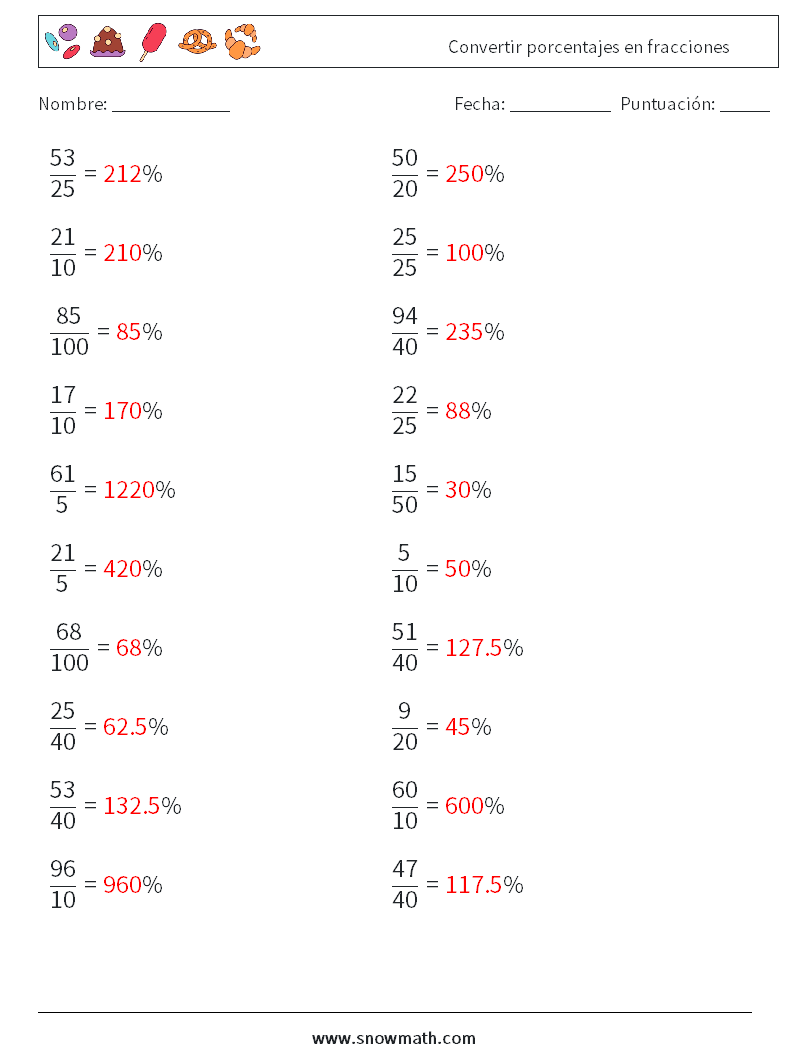 Convertir porcentajes en fracciones Hojas de trabajo de matemáticas 7 Pregunta, respuesta