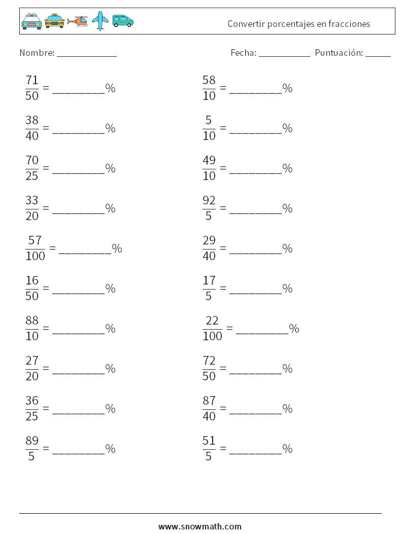 Convertir porcentajes en fracciones Hojas de trabajo de matemáticas 8