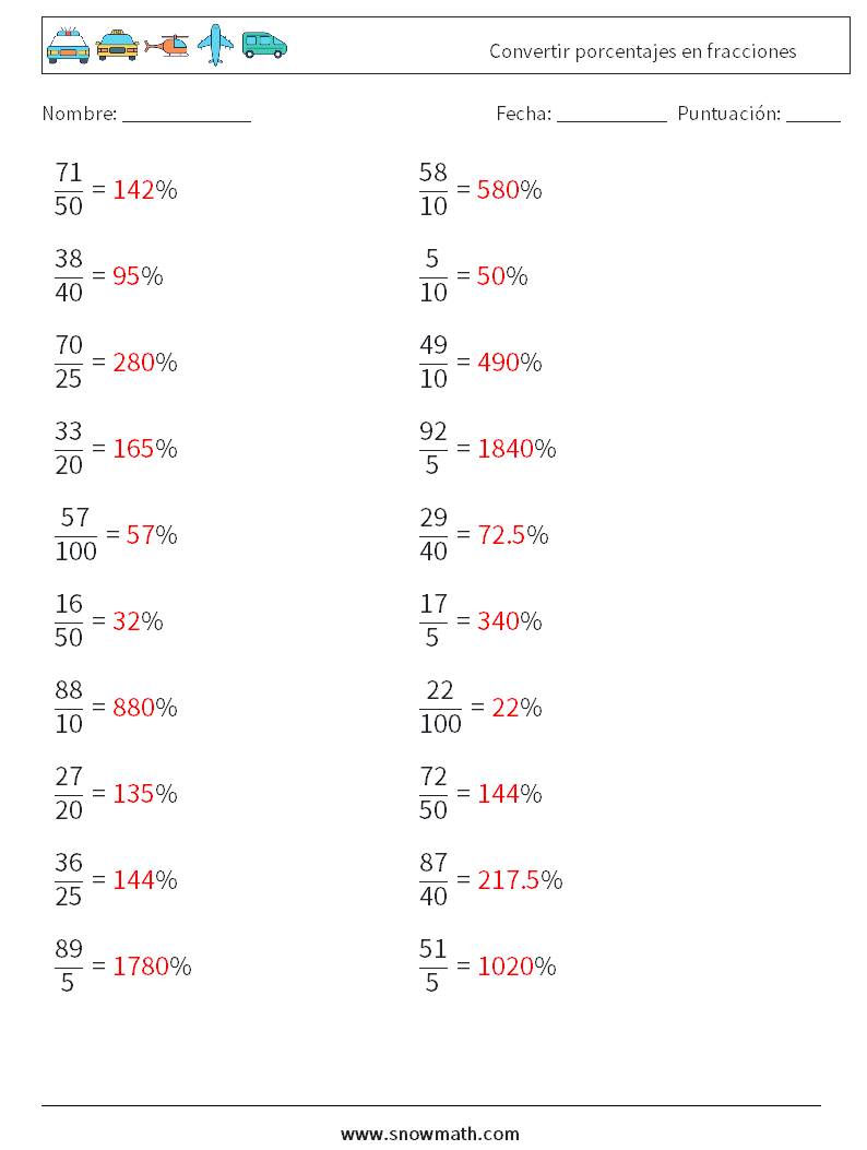 Convertir porcentajes en fracciones Hojas de trabajo de matemáticas 8 Pregunta, respuesta