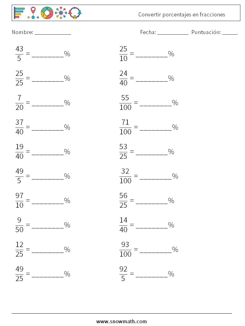 Convertir porcentajes en fracciones Hojas de trabajo de matemáticas 9