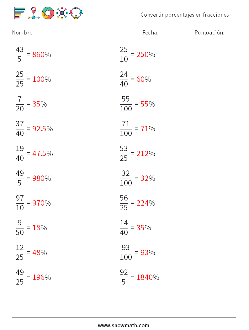 Convertir porcentajes en fracciones Hojas de trabajo de matemáticas 9 Pregunta, respuesta