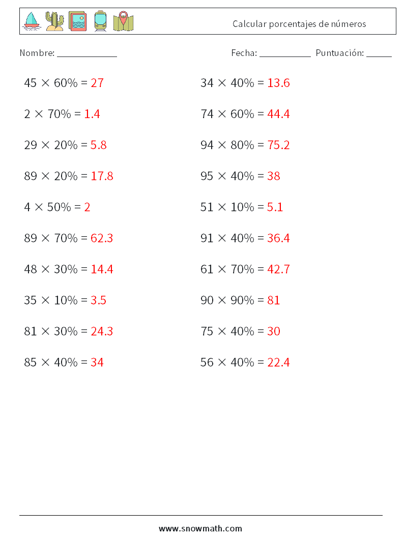 Calcular porcentajes de números Hojas de trabajo de matemáticas 3 Pregunta, respuesta