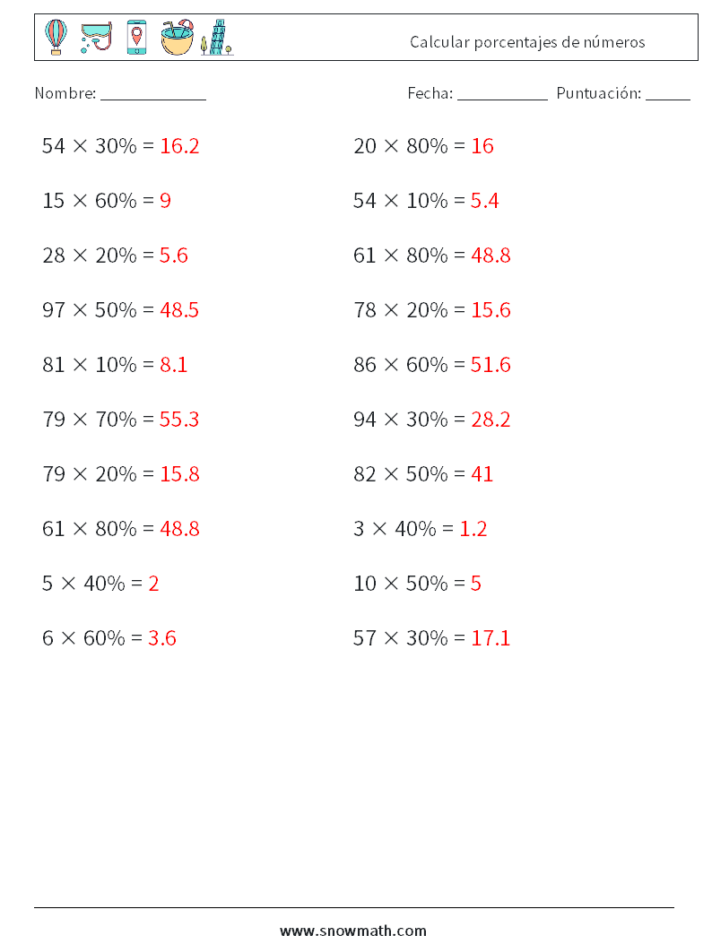 Calcular porcentajes de números Hojas de trabajo de matemáticas 4 Pregunta, respuesta