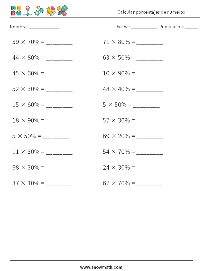 Calcular porcentajes de números Hojas de trabajo de matemáticas 5