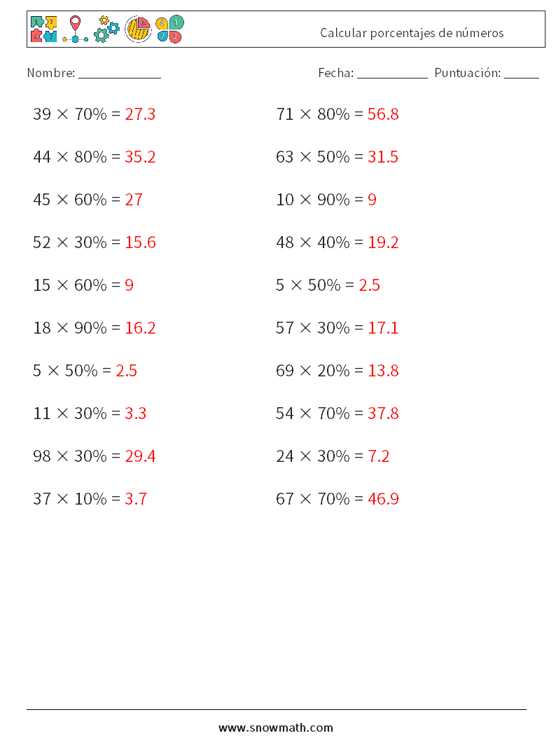 Calcular porcentajes de números Hojas de trabajo de matemáticas 5 Pregunta, respuesta