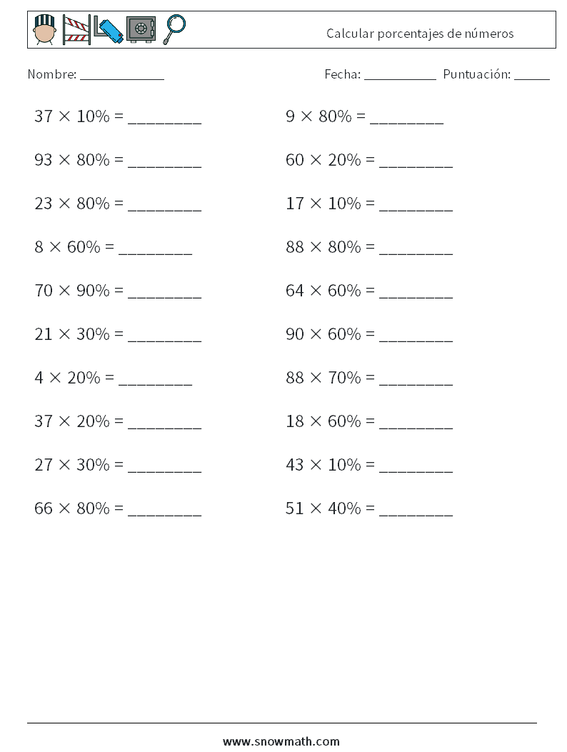 Calcular porcentajes de números Hojas de trabajo de matemáticas 6