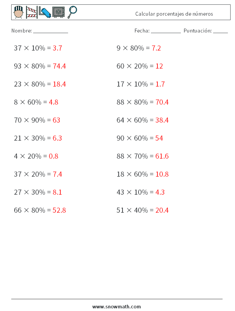 Calcular porcentajes de números Hojas de trabajo de matemáticas 6 Pregunta, respuesta