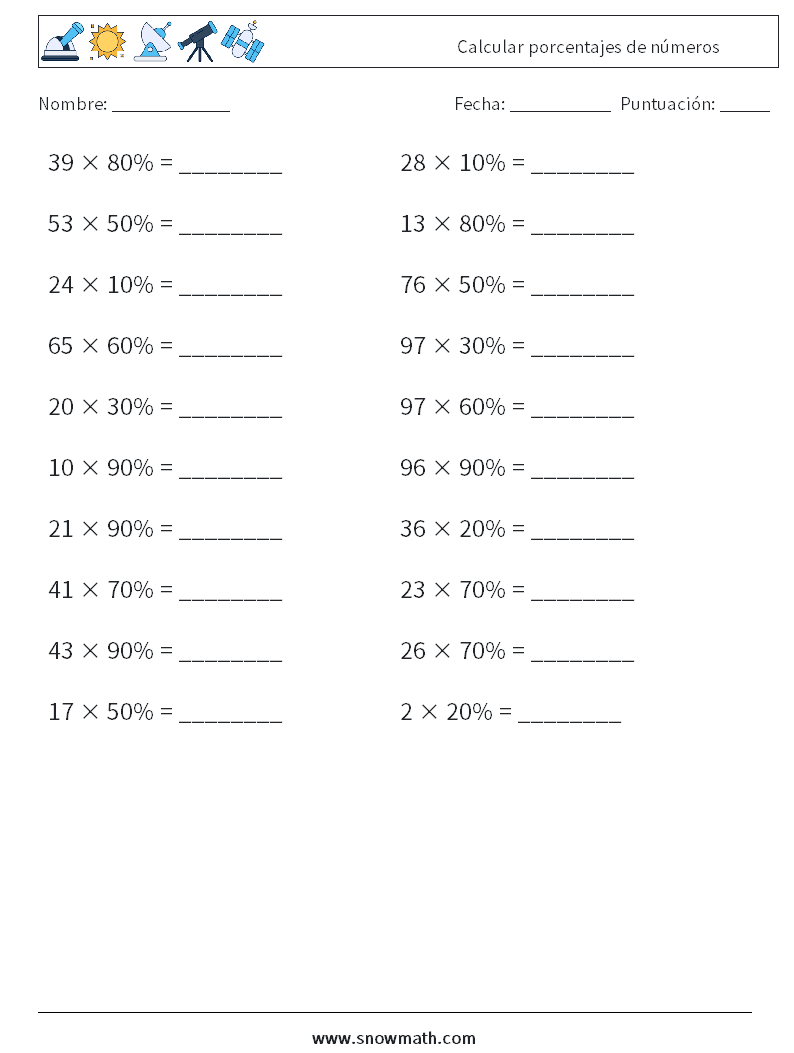 Calcular porcentajes de números Hojas de trabajo de matemáticas 7