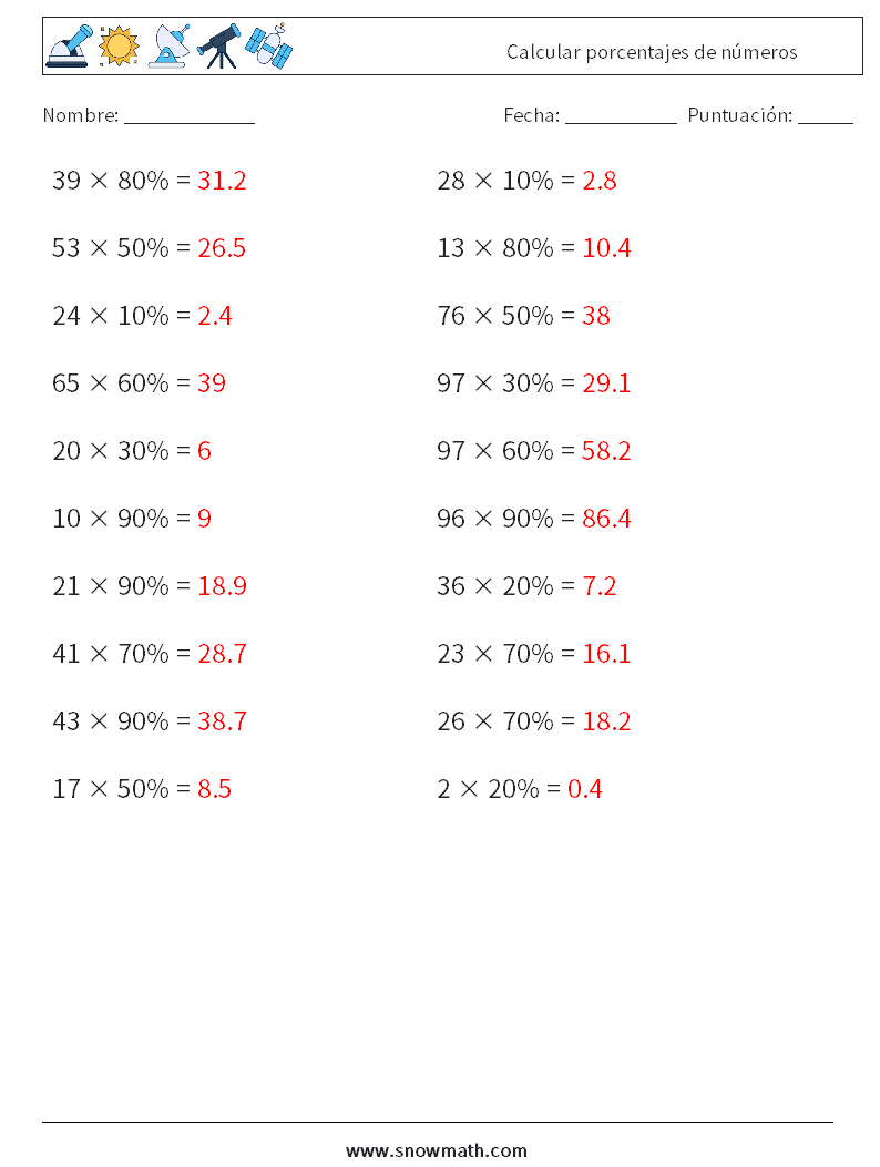 Calcular porcentajes de números Hojas de trabajo de matemáticas 7 Pregunta, respuesta