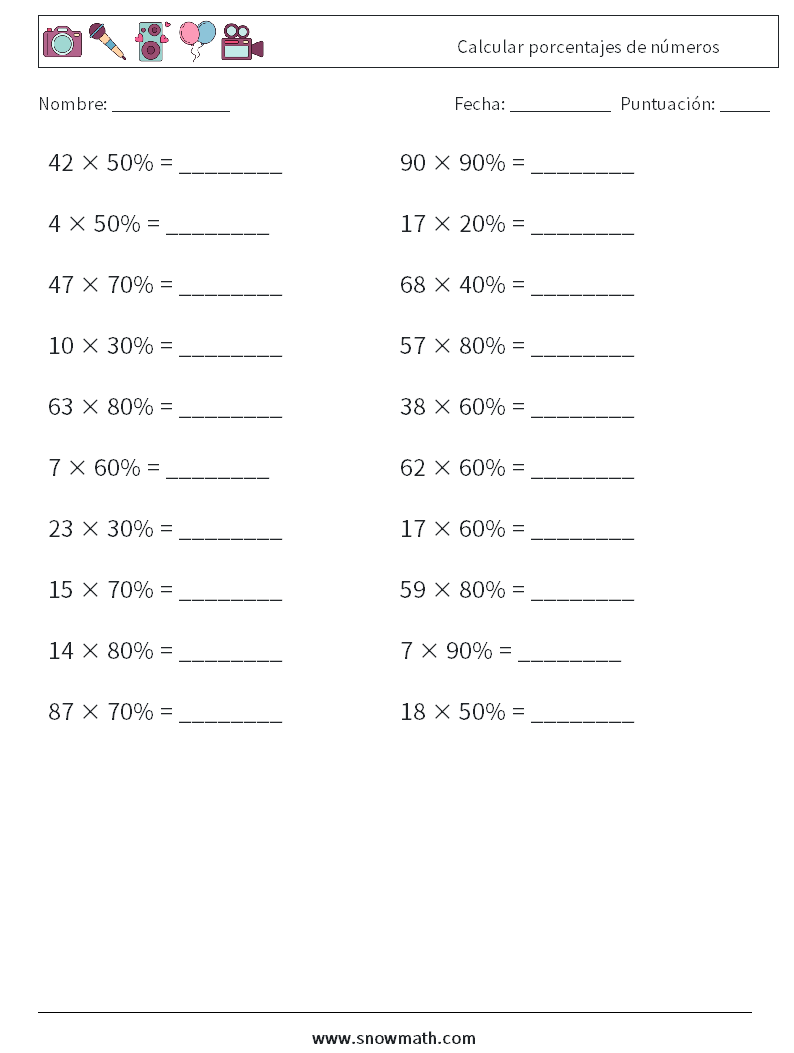 Calcular porcentajes de números Hojas de trabajo de matemáticas 8