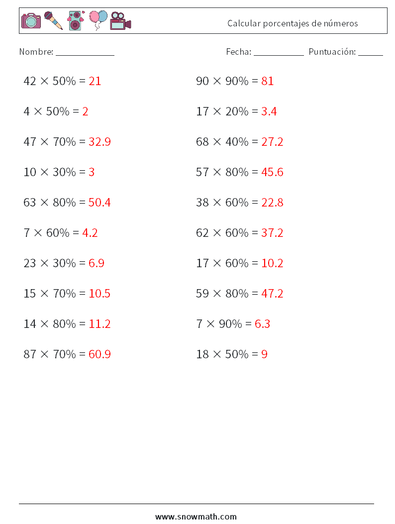 Calcular porcentajes de números Hojas de trabajo de matemáticas 8 Pregunta, respuesta