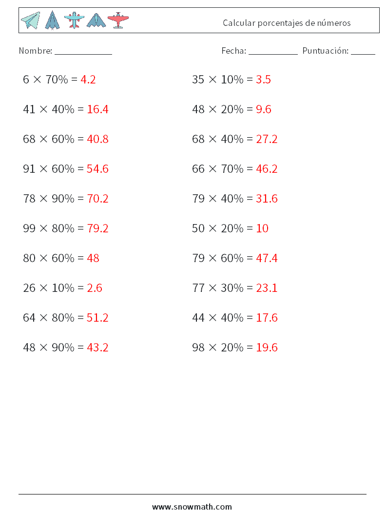 Calcular porcentajes de números Hojas de trabajo de matemáticas 9 Pregunta, respuesta