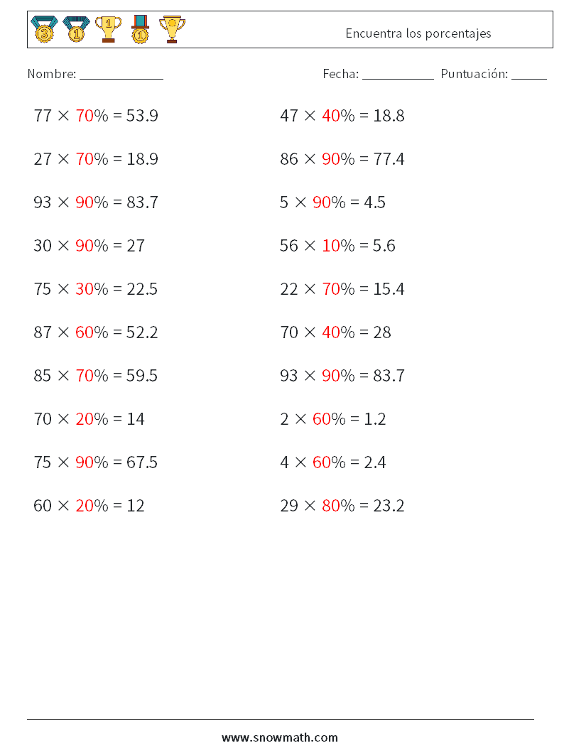 Encuentra los porcentajes Hojas de trabajo de matemáticas 2 Pregunta, respuesta