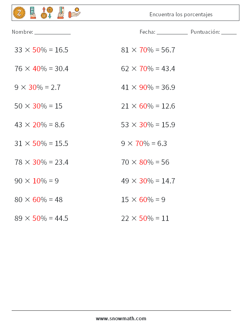 Encuentra los porcentajes Hojas de trabajo de matemáticas 5 Pregunta, respuesta