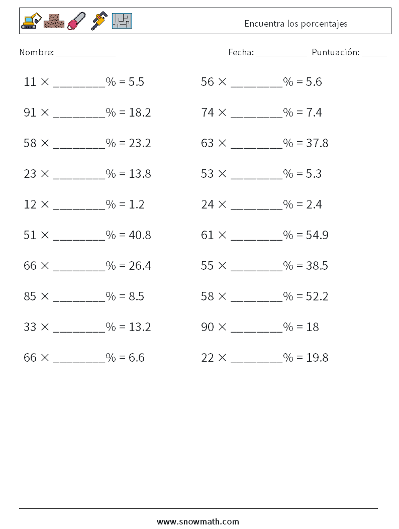 Encuentra los porcentajes Hojas de trabajo de matemáticas 6